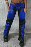 Colorblock PU Leather Pants Streetwear Women 2023 Fashion Sexy Cut Out Low Rise Straight Pants Rave Club Wear