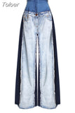 Casual Denim Patchwork Women Trousers High Waist Hit Color Big Size Wide Leg Pants Female Fashion Spring 2023