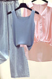 Chiffon Shirt Elastic Waistcoat Wide Leg Jeans Three-piece Elegant Women Pants Set Summer Outfits Street