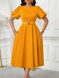 Women's 2025 Summer Fashion Bubble Sleeve Elegant High- Waist Solid Colored Round Dress African