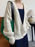 Women's Big V Neck Oversize Ruched Knitted Cardigan Lantern Sleeve Loose Sweater