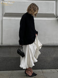 Fashion Beige Satin Skirts For Women Elegant High Waist Office Lady Ankle-Length Skirt Casual Loose Skirt Female