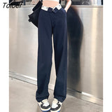 Hit Color High Waist Pants Women Pockets Loose High Street Straight Pants Summer Navy Blue Khaki Trousers Female