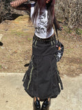 Rockmore Grunge Fairycore Cargo Skirts Women Goth Punk Bandage Long Skirt Y2K Aesthetic Chic Outfits Low Waist Maxi Skirt
