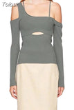 asymmetrical full sleeves square knitting elastic patchwork backlesss sexy top female fashion too