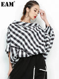Women Black Plaid Big Size Blouse New Slash Neck Threequarter Sleeve Loose Fit Shirt Fashion Spring Autumn 2023