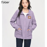 Women Trench Coat 2022 Autumn Long Sleeve Drawstring Waist Windbreaker with Large Pocket Purple Casual Parker