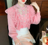 Fashion Elegant Women's Lace Shirt Vintage Crochet Ruffles Woman Blouses Sweet Chiffon Long Sleeve Ladies Tops