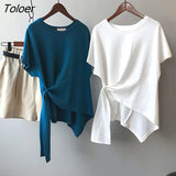 Chic Side Lace Up Asymmetrical T Shirts Women Solid Cotton Tshirts 2021 Summer Korean Style Basic Office Lady Loose