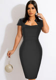 Sexy Square Collar Short Sleeves Solid Midi