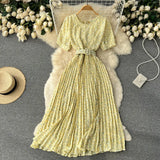 Women Summer Pleated Print Dress 2022 Vacation Sashes Floarl Gentle Short Sleeves Ladies Slim A Line Long