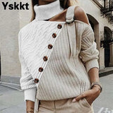 Sweater Women One Shoulder Knitted Long Sleeve Button Pullover Jumper Autumn Winter Streetwear Casual Jumper