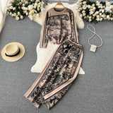 Winter Knitted Print Sets Women O Neck Long Sleeve Knitwear+Wide Leg Long Pants Fashion Retro Sweater Two Pieces