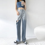 Ripped Jeans Women Classic Gradient Blue Baggy Washed Retro High Waist Straight Loose Wide Leg Woman Large Size Denim