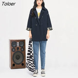 Women Trench Coat 2022 Autumn Long Sleeve Plaid Cuffs Turndown Collar Windbreaker Solid Mid Length Classic