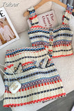 Summer Elegant Sexy Tweed Stripe 2 Piece Set Women Short Vest Crop Top + A-line Skirt Vintage Two Piece Skirt Set