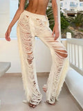 High Quality Chic Tassel Knitted Women Y2K Straight Pants Patchwork Hollow Ripped Trend Middle Waist Casual Trousers