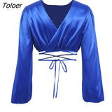 Sexy Blue Fashion Woman Blouse 2022 Autumn Lace Up Backless Crop Top Long Sleeve Wrap Top Elegant Satin O-Neck Shirt