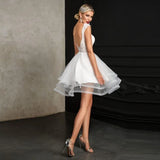 party dress gift 2022 Elegant Tulle A-Line Short Dresses For Wedding Bride Lace Appliques Tiered Backless Wedding Dress O-Neck Vestido De
