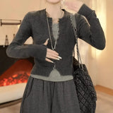 Dark Gray Slim Fake Two Knitted Shirt Women Autumn New Niche Temperament Thin Sweater