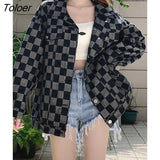 Autumn Black Denim Coat Women Korean New Chessboard Checker Casual Loose Retro Blue Jacket Top Woman High Street