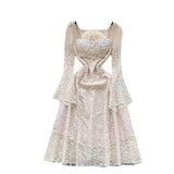 High-End Heavy Industry Nail Drill Three-Dimensional Flower Square Collar Horn Sleeves To Close The Waist Hollow Lace Dress