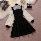 Vintage Velvet Black Dress Stand Neck Lantern Sleeve Party Robe High Waist Slim Vestidos Korean Elegant Dresses