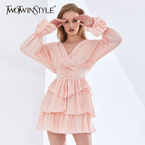 Solid Color Ruffle Summer Dress For Women V Neck Flare Sleeve High Waist Bowknot Dresses Female Fashion New