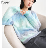 Women Soft Sweaters 2022 Winter Long Sleeves O Neck Loose Knit Cardigan Blue White Gradient Warm Chic jacquard