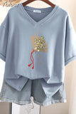 100% Cotton L-5XL Plus Size T Shirt Print Short Sleeve Women's Top Japanese Summer Sweet Couple V Neck Oversize T