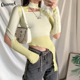 Women Casual Summer Long Sleeve t-Shirt Asymmetry Patchwork Crop Tops Turtleneck Elastic Hight Skinny Fashion