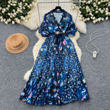 Summer Dress New Niche Light Familiar Wind V To Receive Waist Thin Temperament French Pressure Folding Printing Chiffon