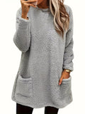 Women's Autumn And Winter New Long-Sleeved Round-Neck Casual Loose Plush Wear Pocket Top