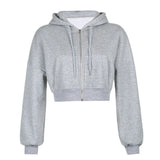 Solid Color Casual Zip Up Cropped Hoodie-Outfit