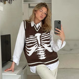 Harajuku V Neck Vintage Oversized Sweater Women Autumn Sleeveless Brown Knitted Vest Top Casual Y2K Aesthetic