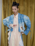 Loose Fit Blue Printed Big Size Short Jacket New Lapel Long Sleeve Women Coat Fashion Tide Spring Autumn 2023
