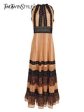 TWOTWINSTYLE Print Dot Dress For Women Round Neck Sleeveless High Waist Lace Panel Midi Dresses Female Summer Clothing Style