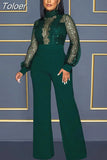 Fashion Mesh Sequin One Piece Jumpsuit Women Turtleneck Lantern Long Sleeve Romper Luxury High Waist Wide Leg Body