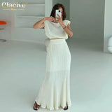 Summer O-Neck Crop Top Set Woman 2 Pieces Elegant Loose High Waist Skirt Set Female Casual Pleated Pink Suits With