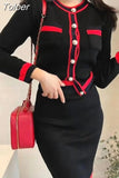 Autumn Women Office Knitted Skirt Set Long Sleeve Pockets Cardigan Tops + High Waist Mini Skirt Knitting 2 Two Pieces