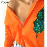 Sequin Leaf Pattern Button Down Shirt +Orange Unique Design 2023 Autumn Europe and America Fashion Women's