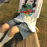 Vintage Denim Shorts Women High Waist Knee-length Wide-leg Baggy Students Harajuku Ins Streetwear Slim All-match