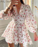 Women Floral Print Lantern Sleeve V Neck Lace Hem Ruched A-Line Dress Good