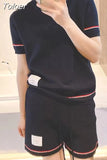 Summer Women's Tracksuit Knitted 2 Piece Sets Short Sleeve Pullover Sweater And Shorts Ladies Casual Matching Sets