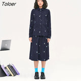 Women Corduroy Shirts 2022 Autumn Long Sleeve Polo Neck Loose Blouse Floral Embroidery Blue Chic Casual Streetwear