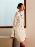 Summer New Set Knitted Hollow Deep V Collar Long Sleeves Shirt Casual