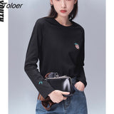 Women Tees 2022 Spring Long Sleeves O Neck Loose T-shirts Peach Embroidery Print Pure Cotton Casual Basic