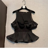 2022 Solid Color Sweet Pleated Ruffles Patchwork Shirt Women Sleeveless Slim Chiffon Blouse Top for
