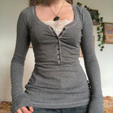 Patchwork Lace Buttoned Long Sleeve Tee-Outfit