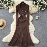 Fragrant Elegant Collar Long Sleeve Metal Buckle Waist Knitted Dress Autumn Thin Long
